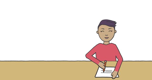 This image presents a cartoon-style illustration of a schoolboy sitting at a desk and writing on a sheet of paper. The background is intentionally blank, highlighting the educational activity. Ideal for use in educational materials, online learning platforms, or teaching resources to depict learning, focus, and youthful creativity.