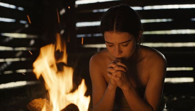 Solitary woman warming hands by open fire in rustic cabin, moody contemplative portrait