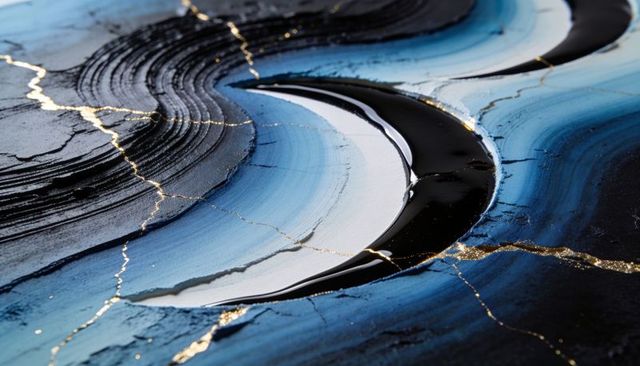 Blue resin crescent with gold veins abstract macro art, layered concentric rings texture