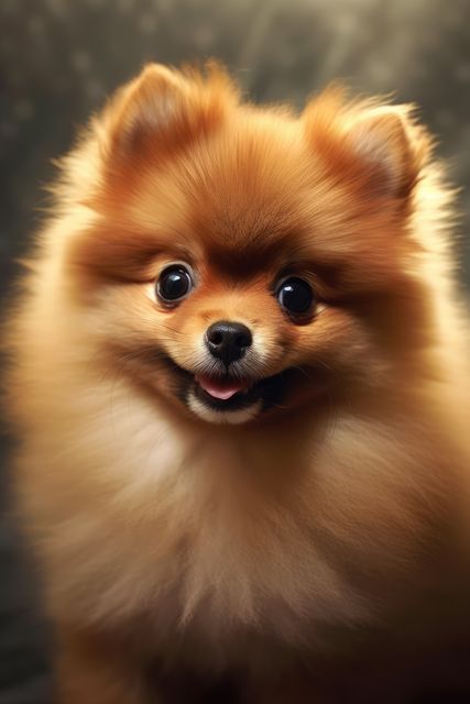 This close-up portrait features an adorable and fluffy Pomeranian puppy with a joyful expression. Ideal for pet-related advertisements, greeting cards, or social media posts showcasing the charm of small dog breeds.