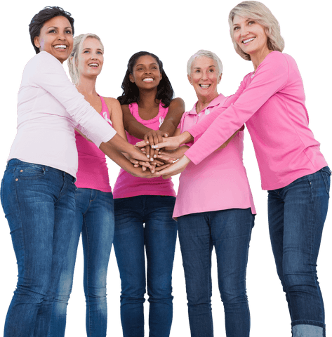 Diverse Women Stacking Hands for Transparent Cancer Awareness Teamwork