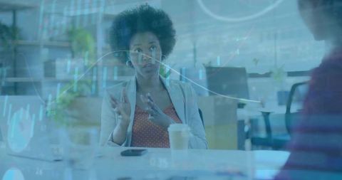Professional woman leading data-driven meeting with analytics overlay and teamwork focus