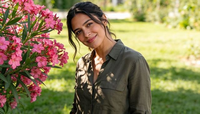 Sunlit woman smiling beside pink blossoms, posing in olive-green shirt in serene garden