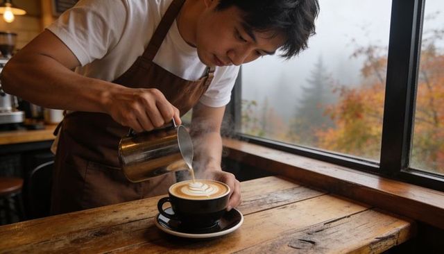 Barista pouring latte art by window in rustic cafe with autumn mist backdrop