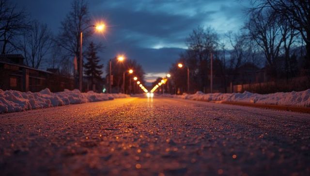 Frost-Covered Road with Streetlights at Dusk