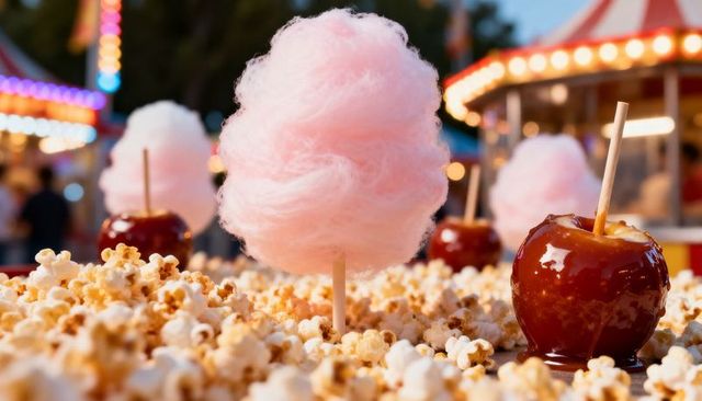 Pink Cotton Candy Sitting in Popcorn with Glazed Caramel Apples and Carnival Lights