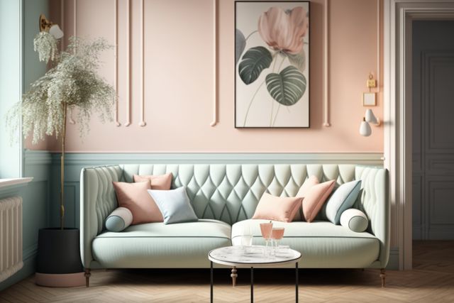 Pastel green retro sofa with cushions and flower painting, created using generative ai technology. Interior design, feminine, pastel colours vintage home decoration concept digitally generated image.