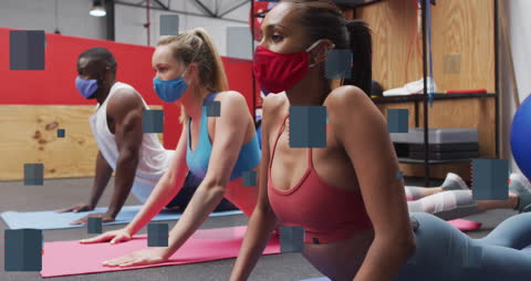 Masked Fitness Enthusiasts Practicing Yoga in Gym with Overlay Graphics