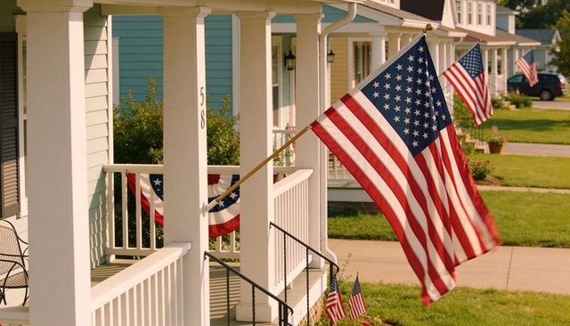 American flag flying on sunlit suburban porch with patriotic bunting and row of homes