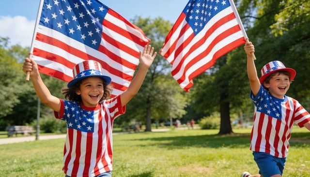 Children running and waving american flags in park celebrating fourth of july spirit