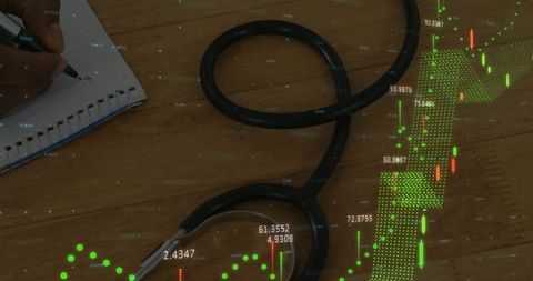 Healthcare professional reviewing financial data with charts and stethoscope