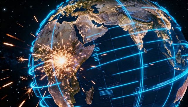 Digital Earth Night Lights with Blue Network Grid and Radiant Data Burst Over Africa