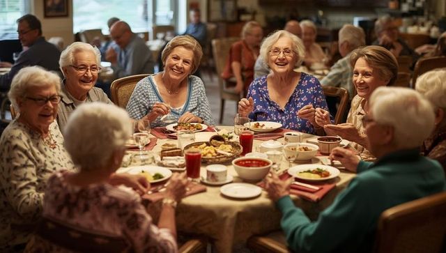Senior Women Enjoying Social Meal in Communal Dining Room