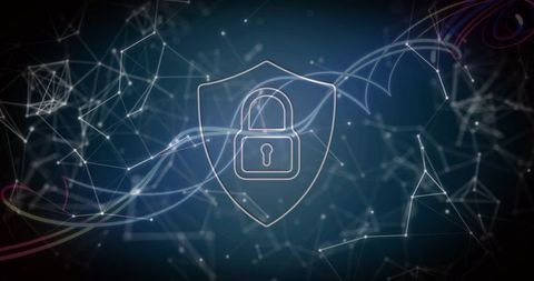 Glowing Shield and Padlock Over Abstract Network Lines Representing Cybersecurity and Encryption