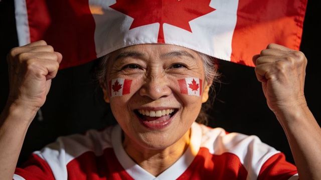Senior asian woman cheering and raising fists wearing canada flag headwrap and face decals