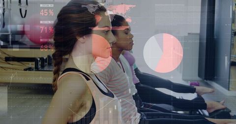 Women Performing Pilates Reformer Workout with Fitness Data Overlay and Analytics