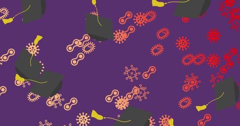 Celebratory Graduation Cap and Virus Seamless Pattern on Purple