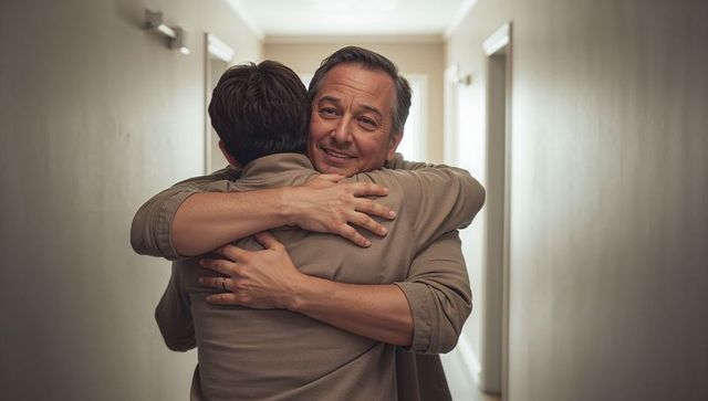 Father and son embracing in sunlit hallway conveying warm family bond and reunion