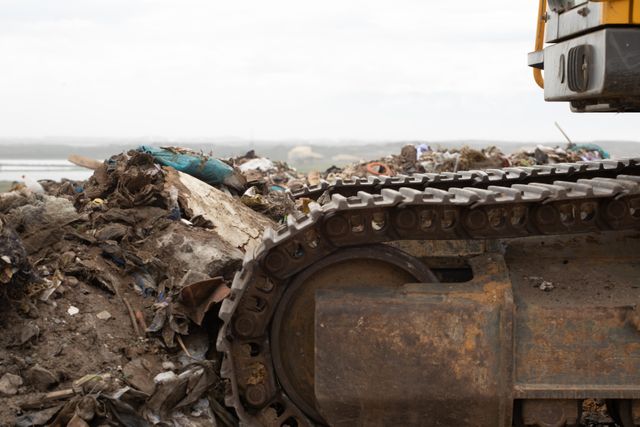 Bulldozer working on a landfill with piles of trash and an overcast sky in the background. This image highlights the global environmental issue of waste disposal and pollution. Useful for articles on waste management, environmental conservation, recycling, and industrial machinery.