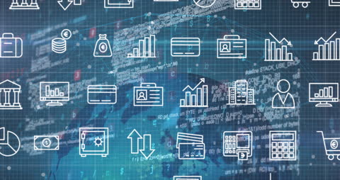 Digital Financial Icons Overlay on Data Processing Background