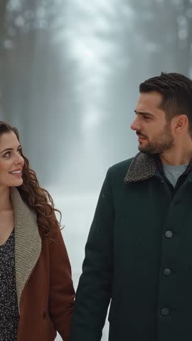 Couple walking hand in hand through snowy forest path, smiling - Vertical video