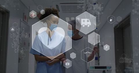 Nurse supporting senior patient walking hospital corridor with iv and digital health icons