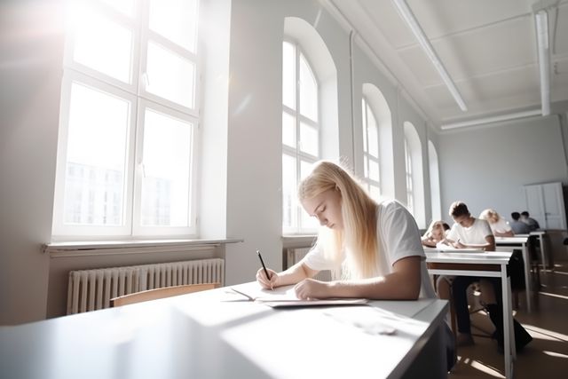 Students are writing during an exam in a bright classroom with sunlight streaming through large windows. This scene is ideal for educational content, exam preparation materials, student recruitment, school brochures, and academic research illustrations.