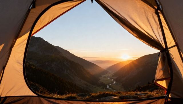 Sunrise from tent framed view over alpine valley with winding river and mountain ridges