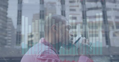 Senior Businessman Enjoying Coffee with Financial Graph Overlay