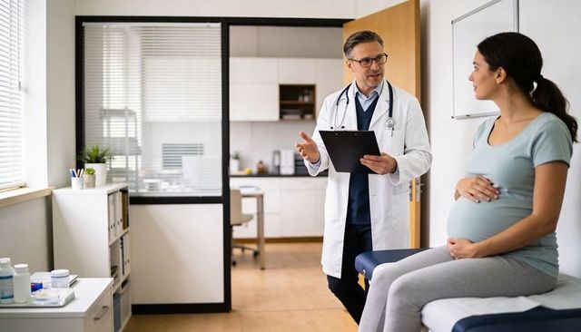 Pregnant patient receiving prenatal consultation with obstetrician in clinic exam room