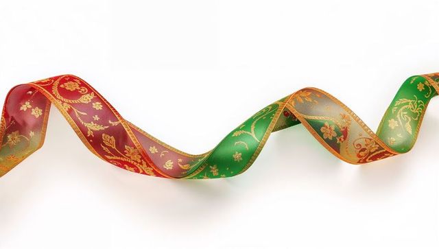 Festive red and green ribbon flowing with gold floral filigree and gilt edges
