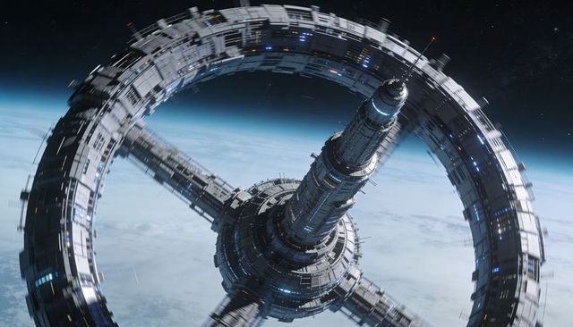 Rotating Torus Orbital Station Over Cloudy Planet Showing Docking Ports, Antennas and Hub