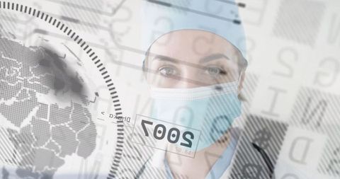 Surgeon in scrubs with futuristic digital overlay interface