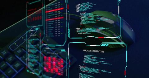 Holographic hud displaying code and metrics over rgb keyboard and gaming mouse