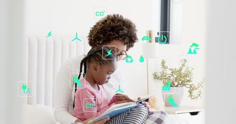 Parent guiding child reading storybook with eco icons for sustainable home learning