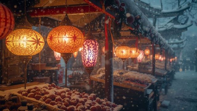 Ornate lanterns brightening a festive snowy market
