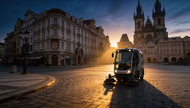 Compact street sweeper cleaning cobblestone historic square at sunrise with church spires
