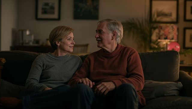Mature couple sharing cozy evening on sofa with warm lamp glow, intimate home connection