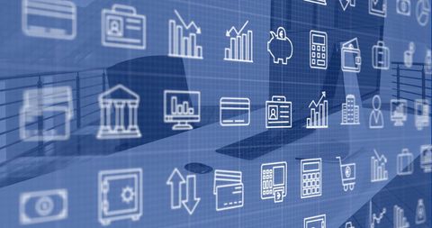 Digital data icons overlaying modern office environment