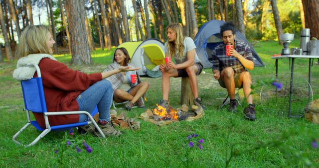 Friends Enjoying Campfire Outdoors in Woods, Relaxing in Nature - Download Free Stock Images Pikwizard.com