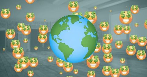 Digital Globe with Currency Symbols Over Cityscape