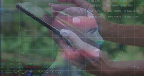 AR Technology Displaying Head Model on Smartphone in Garden