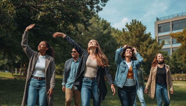 Friends walking through sunny urban park wearing denim jeans and fall layers smiling