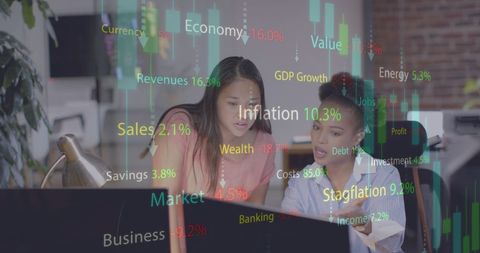 businesswomen collaborating in office with financial data overlay highlighting concepts like inflation, sales growth, and gdp. ideal for content on global market analysis, team dynamics in finance, economic trend discussions, and business strategy planning.