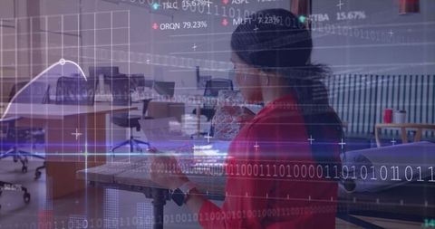 Businesswoman Envisioning Data Overlays in Modern Office