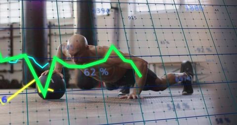 Man performing one-arm push-up on medicine ball with fitness data overlay showing 62%