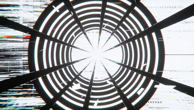 Glitching Concentric Rings and Radial Spokes Converging Toward Bright Digital Vortex