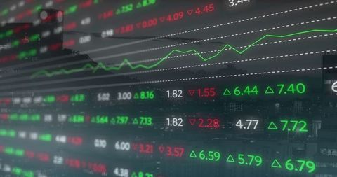 City Skyline with Overlay of Stock Market Data and Analytics