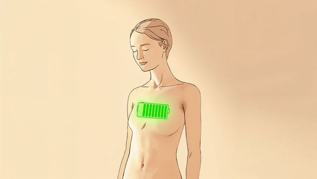 Standing woman with serene expression and glowing green battery symbol on chest, soft beige