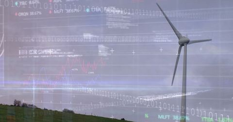 Wind turbine with digital financial overlay illustrating renewable investment